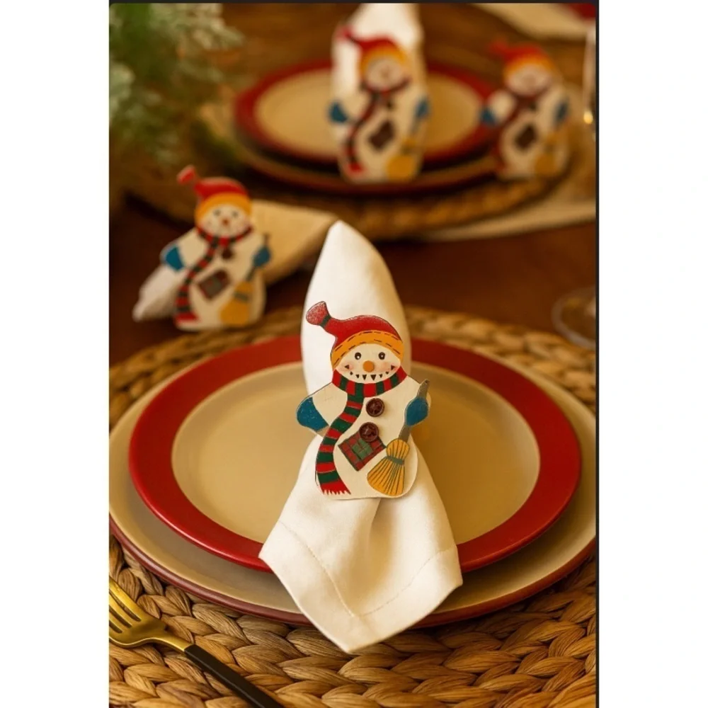 Vintage Dead stock Set of 4 Wooden 4”Snowman Napkin Rings Christmas Decor